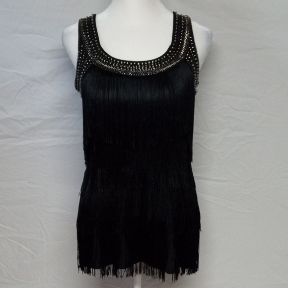 Cache Tops - Cache Black Top with Fringe and Studs